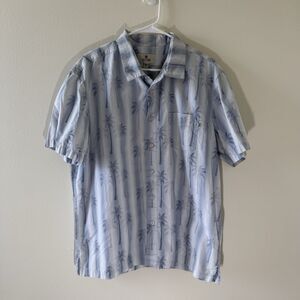Solitude Mens Cotton Blue & White Hawaiian Camp Shirt Palm Trees Vacation Sz L